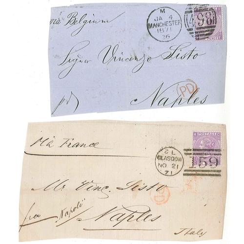 409 - UK Covers; c.1864-71 small bundles of fronts (or large pieces) to Italy all with 6d adhesives, compr... 