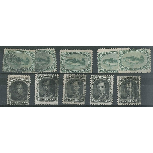 133 - Canada; Newfoundland; 1865-70 2c (2 unused no gum, 2 used, 1 with pen cancel), and 10c (5 used). Mai... 