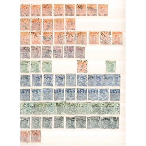 232 - Italy; duplicated used lot on stockleaves of 1863-65 issue (c.48, inc. 2lire), 1889 values inc. 1lir... 