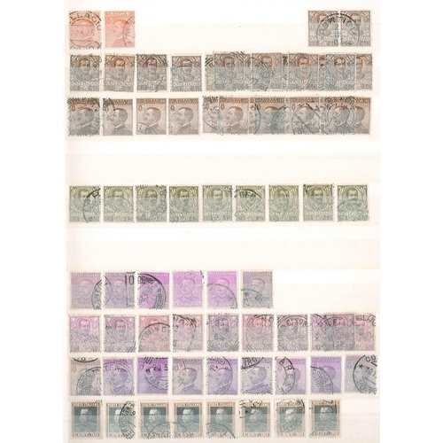 232 - Italy; duplicated used lot on stockleaves of 1863-65 issue (c.48, inc. 2lire), 1889 values inc. 1lir... 