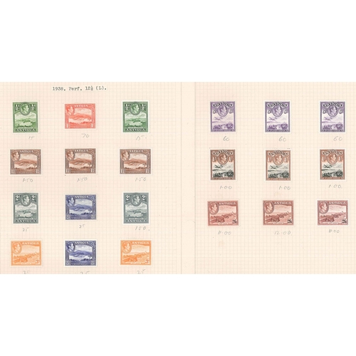 90 - Antigua; 1921-51 m.m. defins on four pages, with 1921-29 values to 1/- (2), 1938-51 to 1/- (3), 2/6 ... 