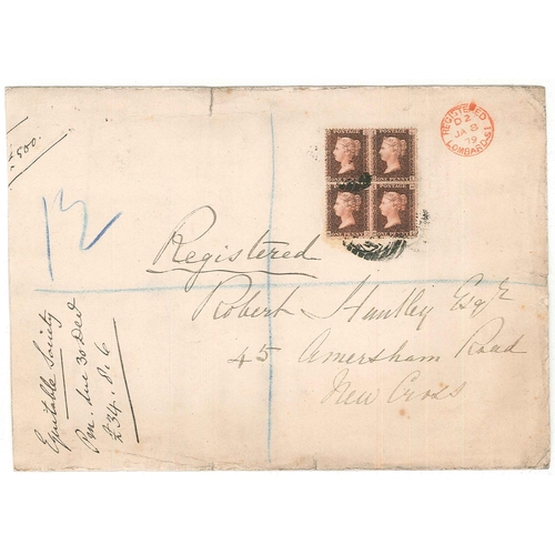 2870 - UK Postal History; 1879 registered cover within London, franked with fourblock of Penny Red Plate 19... 