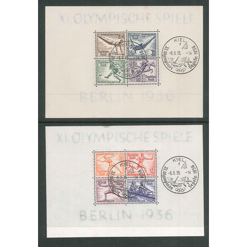 148 - Germany; 1936 Summer Olympics pair of miniature sheets v.f.u. with special cancels of Kiel (sailing ... 