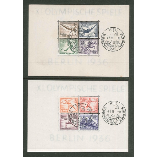 148 - Germany; 1936 Summer Olympics pair of miniature sheets v.f.u. with special cancels of Kiel (sailing ... 