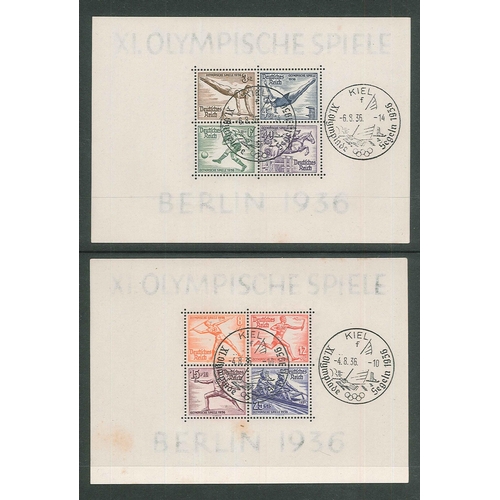 148 - Germany; 1936 Summer Olympics pair of miniature sheets v.f.u. with special cancels of Kiel (sailing ... 