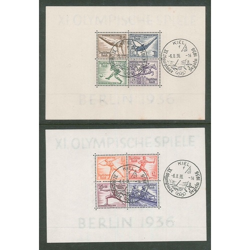 148 - Germany; 1936 Summer Olympics pair of miniature sheets v.f.u. with special cancels of Kiel (sailing ... 