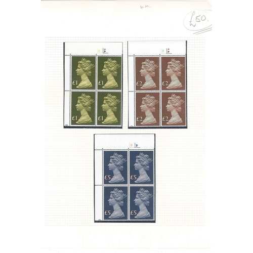 330 - UK; 1977 Machin £1, £2, and £5, each in u.m. corner cylinder block of four. Face v... 