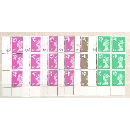 349 - UK Country Stamps; Scotland; 1971-onwards Machin range of u.m. cylinder blocks of six. 78 different ... 