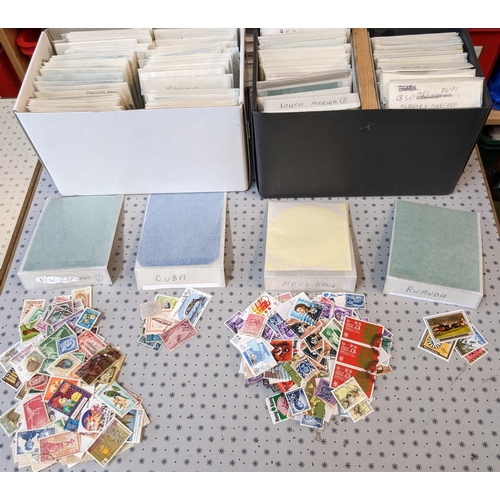 1005 - Mixed Lots; two small boxes with many hundreds of world stamps sorted into packets.