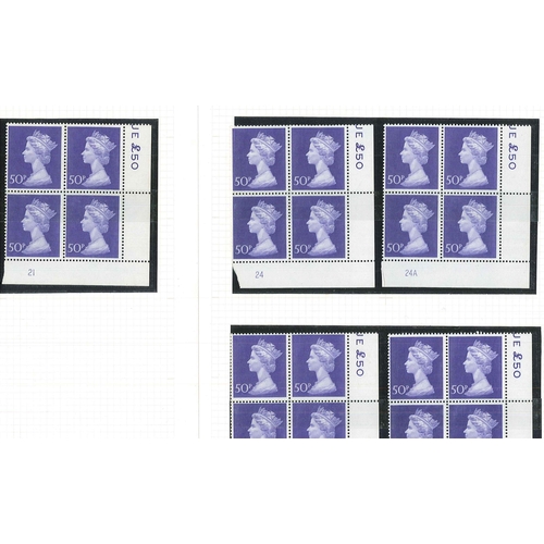 326 - UK; 1970-72 Machin high values in u.m. corner plate fourblocks - (no. of blocks) 10p (1), 20p (4), 5... 