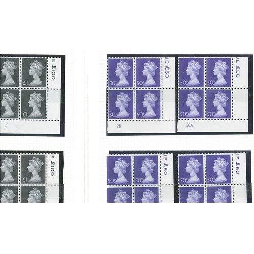 326 - UK; 1970-72 Machin high values in u.m. corner plate fourblocks - (no. of blocks) 10p (1), 20p (4), 5... 