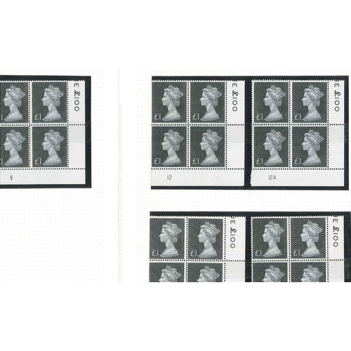 326 - UK; 1970-72 Machin high values in u.m. corner plate fourblocks - (no. of blocks) 10p (1), 20p (4), 5... 