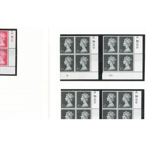 326 - UK; 1970-72 Machin high values in u.m. corner plate fourblocks - (no. of blocks) 10p (1), 20p (4), 5... 