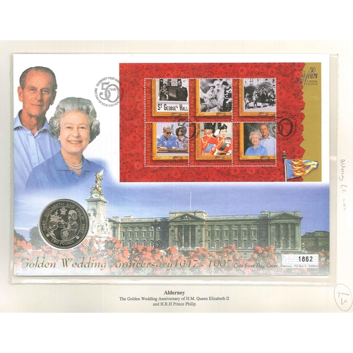 2897 - Guernsey PNCs; 1997 Golden Wedding m.s. FDC with matching Alderney £2 coin.