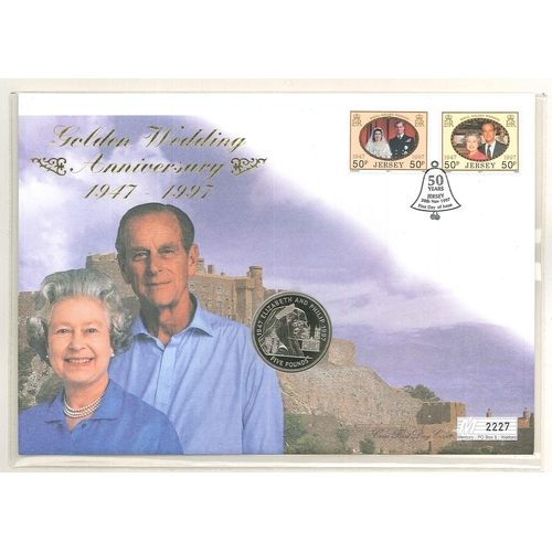 2929 - Jersey PNCs; 1997 Golden Wedding set on FDC with encapsulated matching Jersey £5 coin.... 