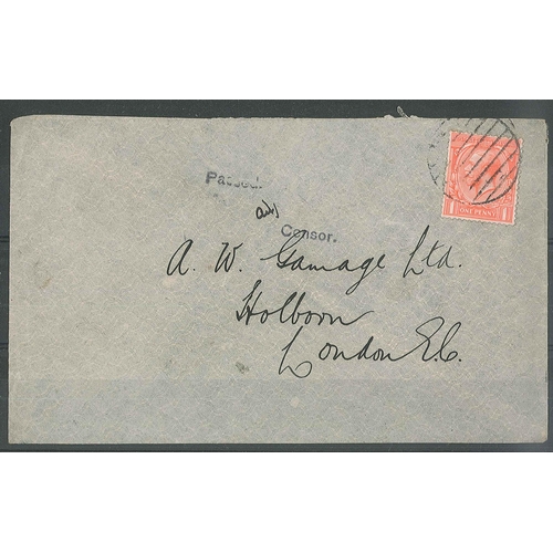 2763 - Scottish Postal History; WW1 cover with 1d stamp cancelled by dumb barred circle, censor mark to lef... 