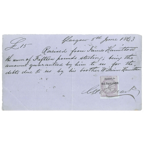 2716 - UK Security Overprints; 1863 receipt with large revenue 1d adhesive overprinted 