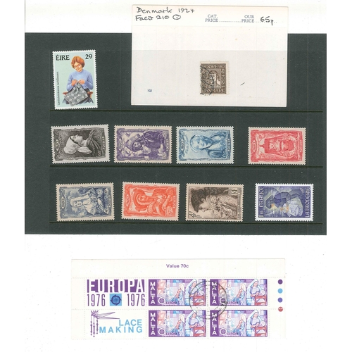 1032 - Thematics; Lace etc.; small selection of stamps on lace, embroidery, etc. (57, 1 sheetlet)... 