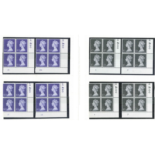 326 - UK; 1970-72 Machin high values in u.m. corner plate fourblocks - (no. of blocks) 10p (1), 20p (4), 5... 