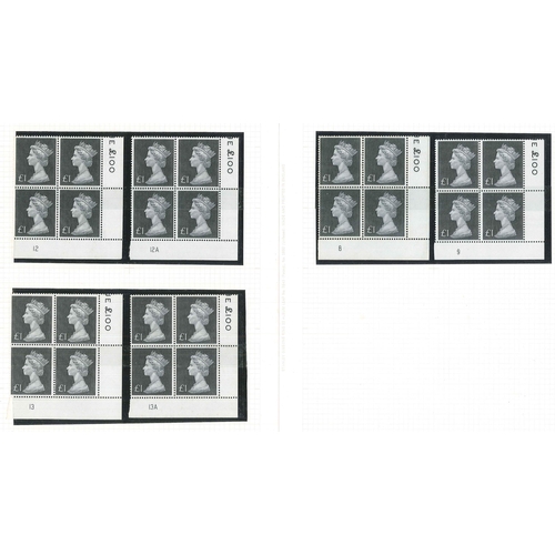 326 - UK; 1970-72 Machin high values in u.m. corner plate fourblocks - (no. of blocks) 10p (1), 20p (4), 5... 