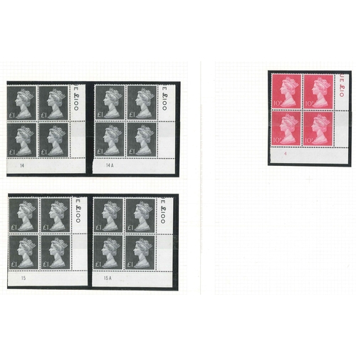 326 - UK; 1970-72 Machin high values in u.m. corner plate fourblocks - (no. of blocks) 10p (1), 20p (4), 5... 