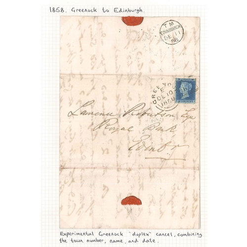 2754 - Scottish Postal History; 1858 entire Greenock to Edinburgh with Twopence Blue Stars (perf.14) cancel... 