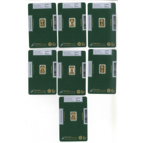 59 - Gold; seven Royal Mint cards, each with encapsulated 1g 