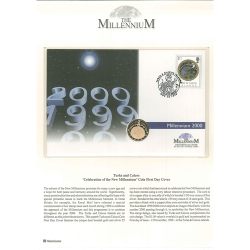 61 - Gold; 1999 Turks and Caicos Islands cover with encapsulated coin, one side of which is 1/30th troy o... 