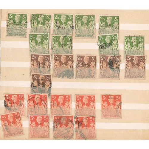 413 - UK Mixed Lots; old stockbook with duplicated used high values inc. 1939-48 2/6 green (9), 2/6 brown ... 