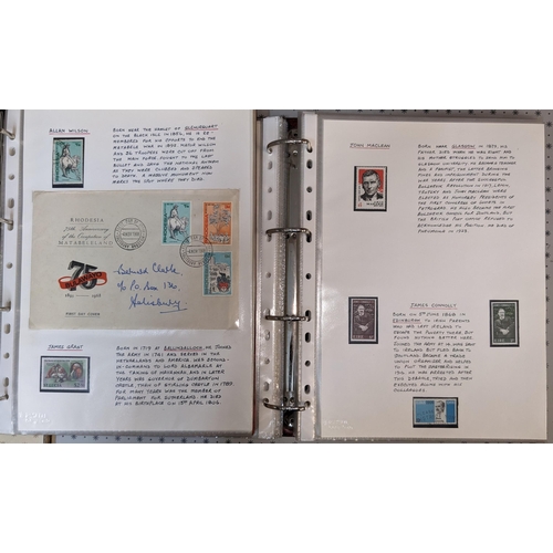 21 - Thematic; “Scots on Stamps”; two-volume collection of stamps, covers (mainly FDCs or souvenir covers... 