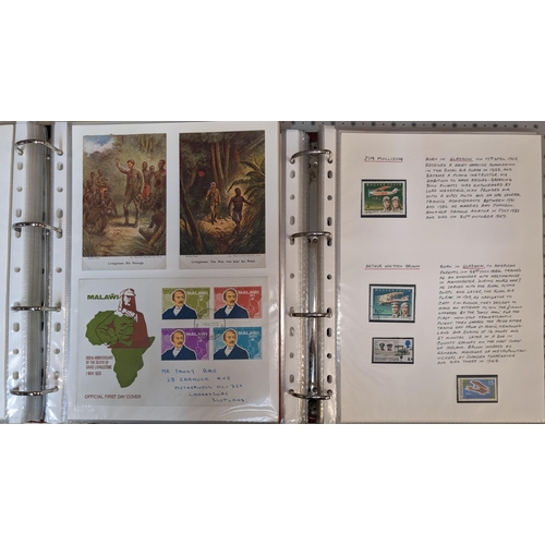 21 - Thematic; “Scots on Stamps”; two-volume collection of stamps, covers (mainly FDCs or souvenir covers... 