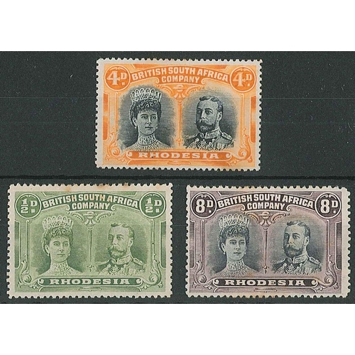 242 - Rhodesia; 1910-13 Double Head perf.15 4d, and perf.13½ ½d and 8d all mounted mint, and generally wit... 