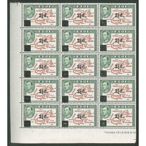 1517 - Fiji; 1941 2½d surcharge in u.m. corner block of 15 (3 x 5) (crease affects one at corner). SG 267 c... 