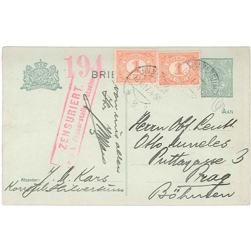 1928 - Netherlands; 1917 3c postal stationery card with 2 x 1c adhesives, to Prague, with Czech censor mark... 