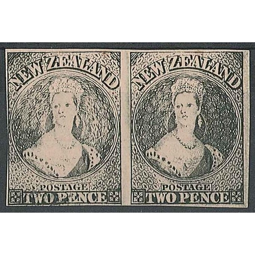 1942 - New Zealand; Chalon Head 2d reprint pair in black on thin white card.