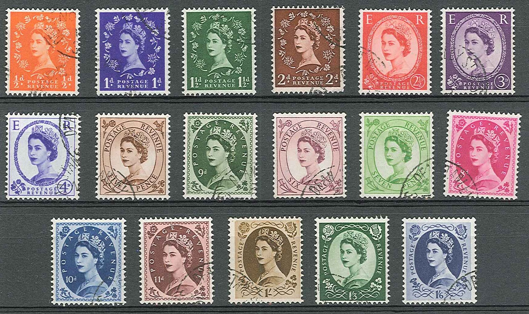 UK; 1952-54 Wildings with Tudor Crown watermark set (17) v.f.u. (the ½d ...