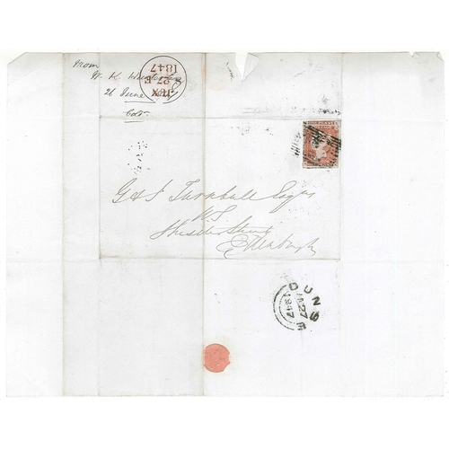 2747 - Scottish Postal History; 1847 entire to Edinburgh with 1d red imperf (margins tiny to huge), Dunse b... 