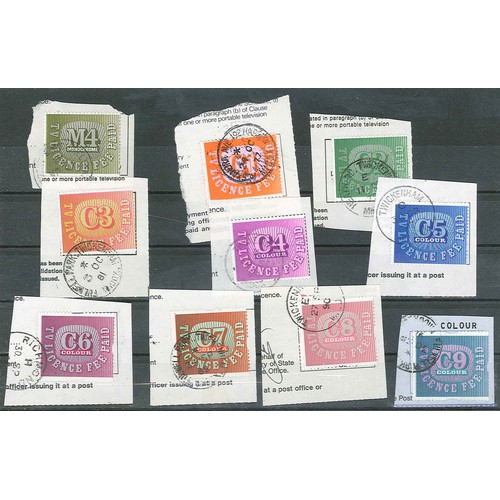 2887 - UK Cinderella; selection of TV Licence Stamps comprising M4, and C1 to C9, each used on small piece.... 