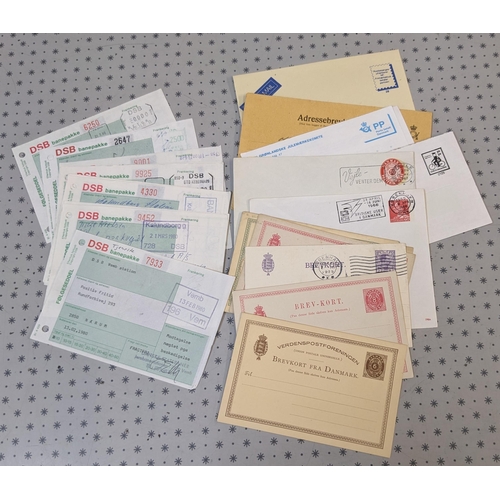 130 - Denmark; Postal Stationery; plastic tub with good variety of postcards, envelopes, newspaper wrapper... 