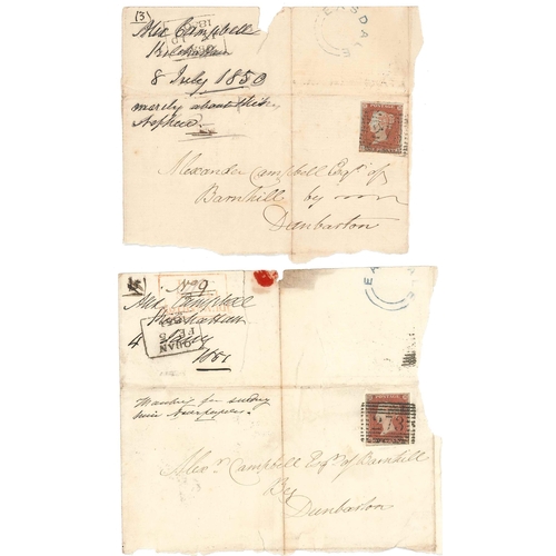 2749 - Scottish Postal History; 1850 and 1851 two large pieces, each with Penny Red Imperf cancelled 