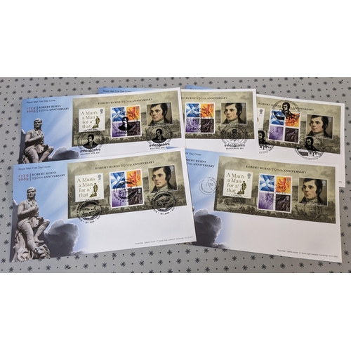 2713 - UK FDCs; 2009 Robert Burns miniature sheet - 5 illus unaddressed FDCs, with 5 different special canc... 