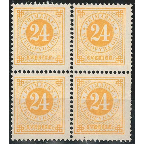 321 - Sweden; 1872-79 (1877-79) Ring Type perf.13 24 öre fresh unmounted mint block of four. Fragile ... 