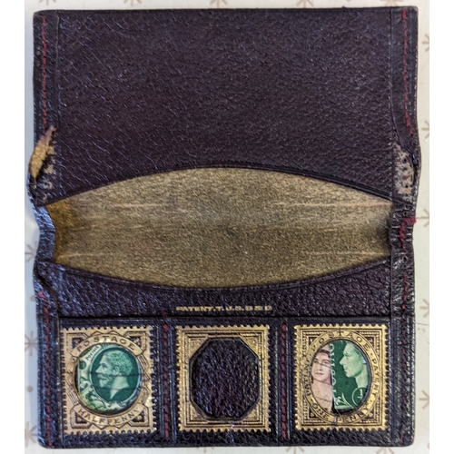 1295 - Postage Stamp Cases; small leather wallet with three stamp-sizes spaces (and other pockets), printed... 