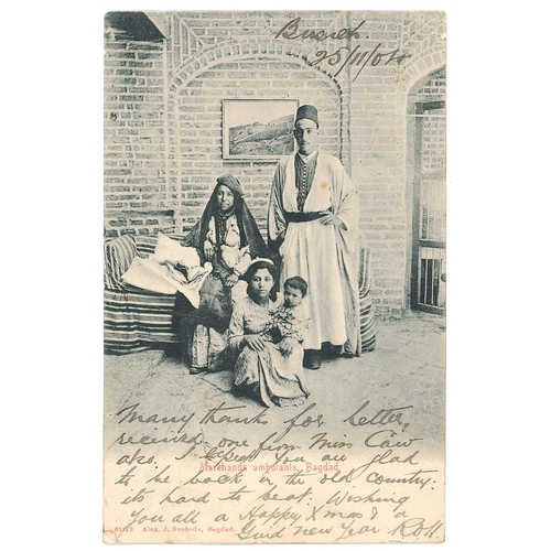 1978 - Iraq; 1904 picture postcard (“Marchands ambulants, Bagdad”) to Glasgow franked Indian KE... 