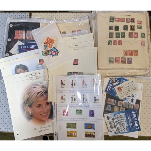 365 - Mixed Lots; medium box with clearance lot of all-world pages and stockleaves, loose stamps, some dup... 