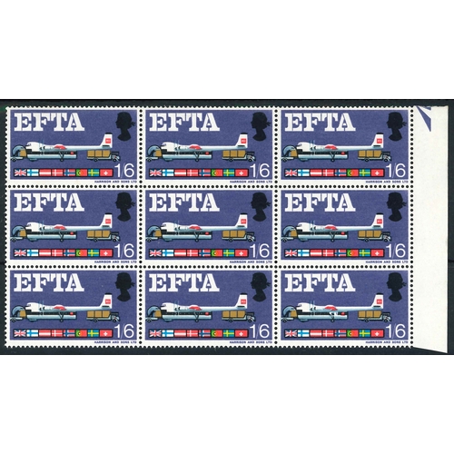 2755 - UK; 1967 EFTA non-phosphor 9d and 1/6 in u.m. nine-blocks, each block with one variety - 9d with 