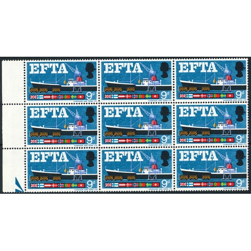 2755 - UK; 1967 EFTA non-phosphor 9d and 1/6 in u.m. nine-blocks, each block with one variety - 9d with 