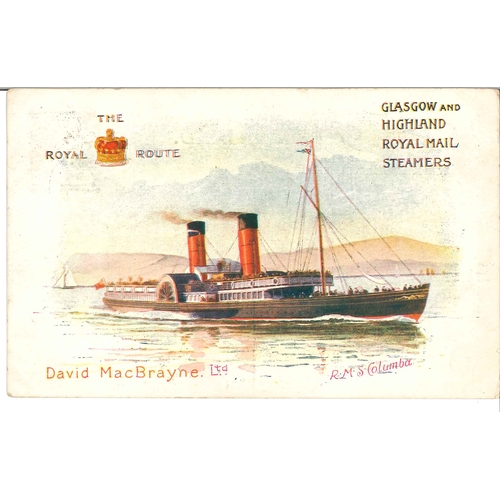 3129 - Scottish Covers; 1906 postcard (MacBrayne's card of the Columba) posted from the Grenadier with KE7 ... 