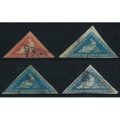 307 - South Africa; Cape of Good Hope; 1855-64 used triangular 1d (1, with close margins), and 4d (3, all ... 