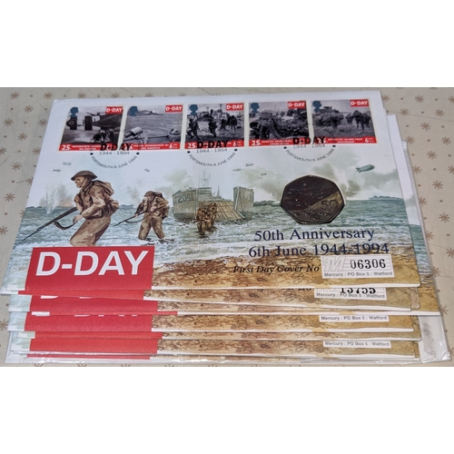 3258 - UK PNCs; 1994 D-Day set on FDC with 1994 UK D-Day 50p coin - nine of the same cover (one marked on b... 